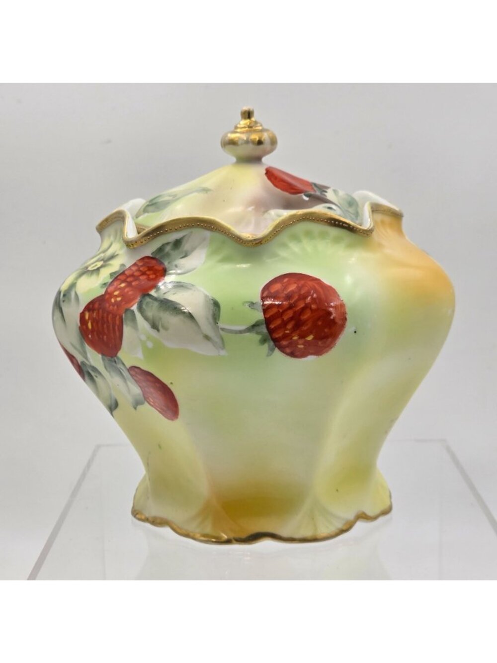 Antique Nippon Biscuit Jar Hand Painted Raspberries Gooseberries w/ Lid Japan - Picture 2 of 13